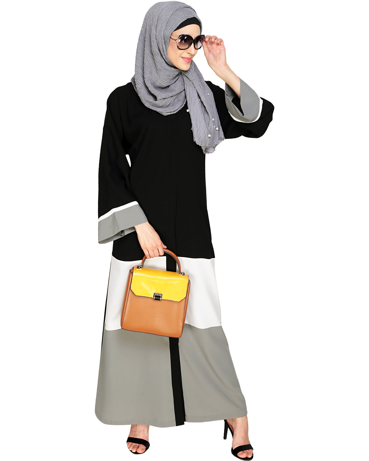 Triple Color Block White Dubai Style Abaya Grey & Black