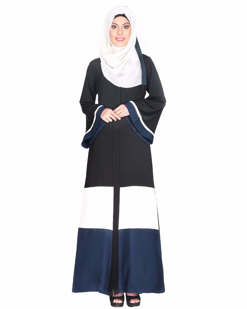 Triple Color Block White Dubai Style Abaya Olive & Black