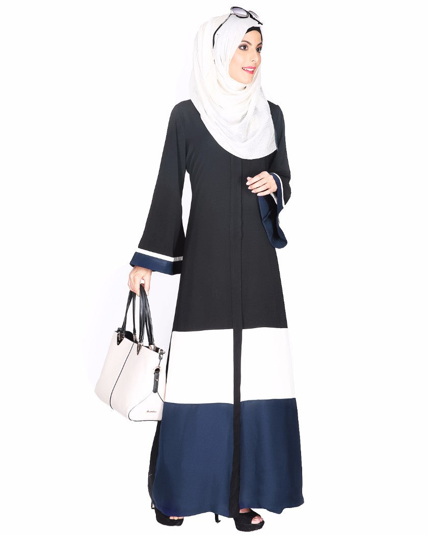Triple Color Block White Dubai Style Abaya Olive & Black