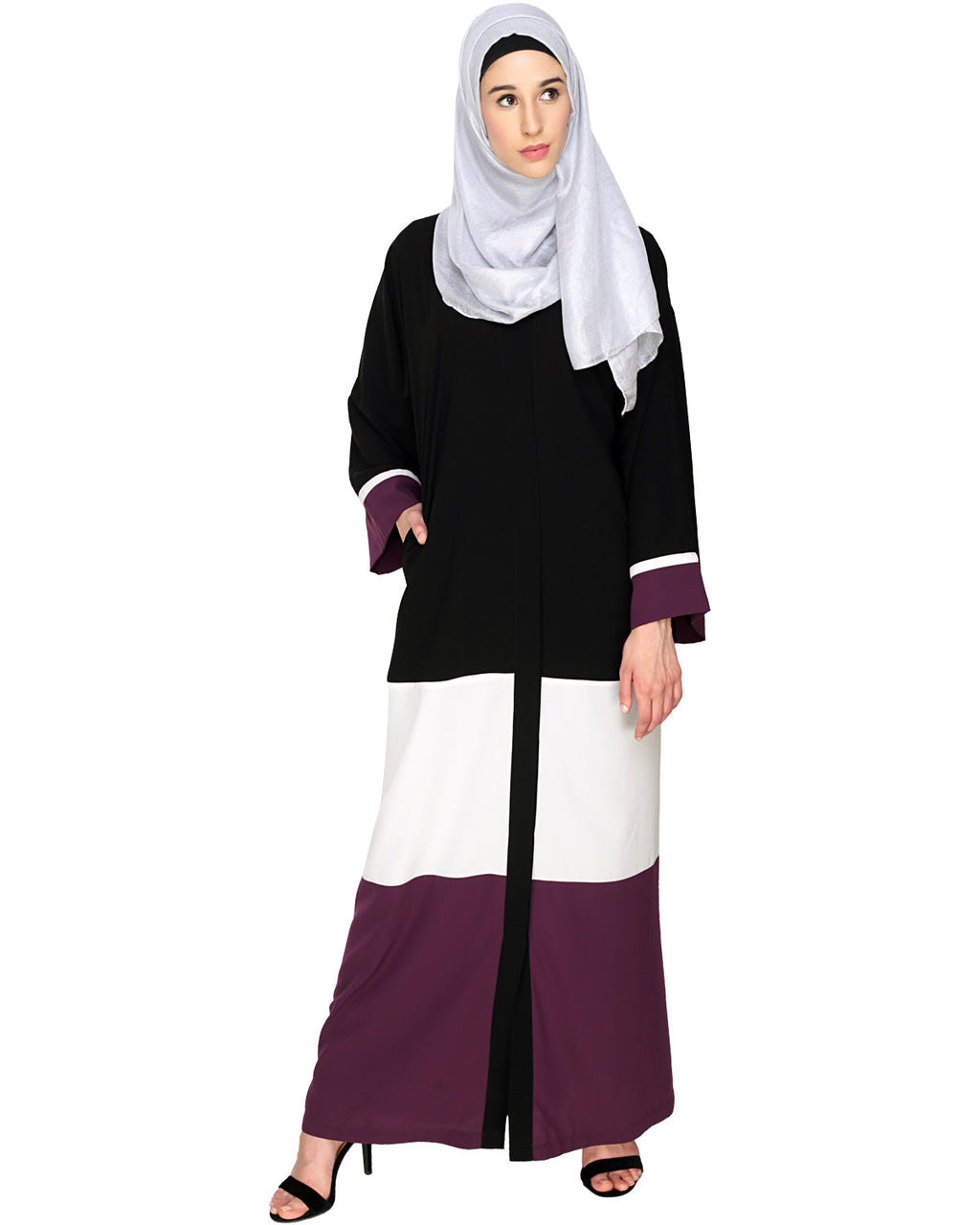 Triple Color Block White Dubai Style Abaya Purple & Black