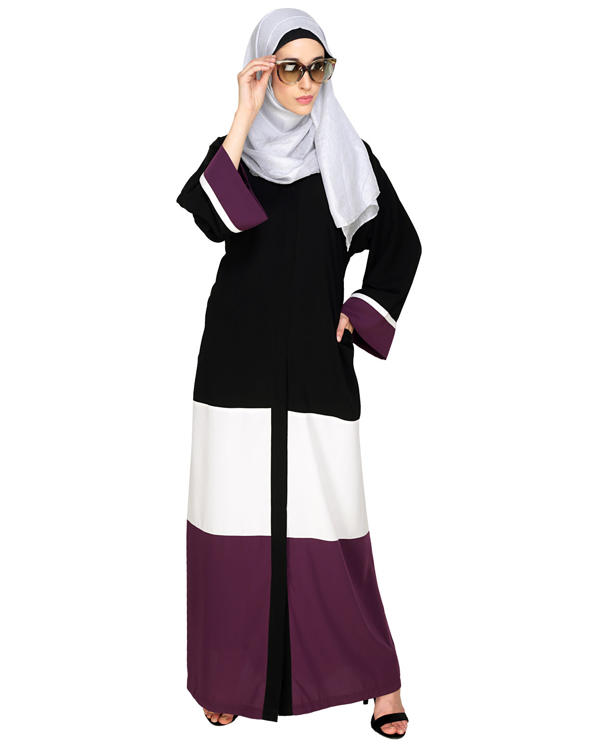 Triple Color Block White Dubai Style Abaya Purple & Black