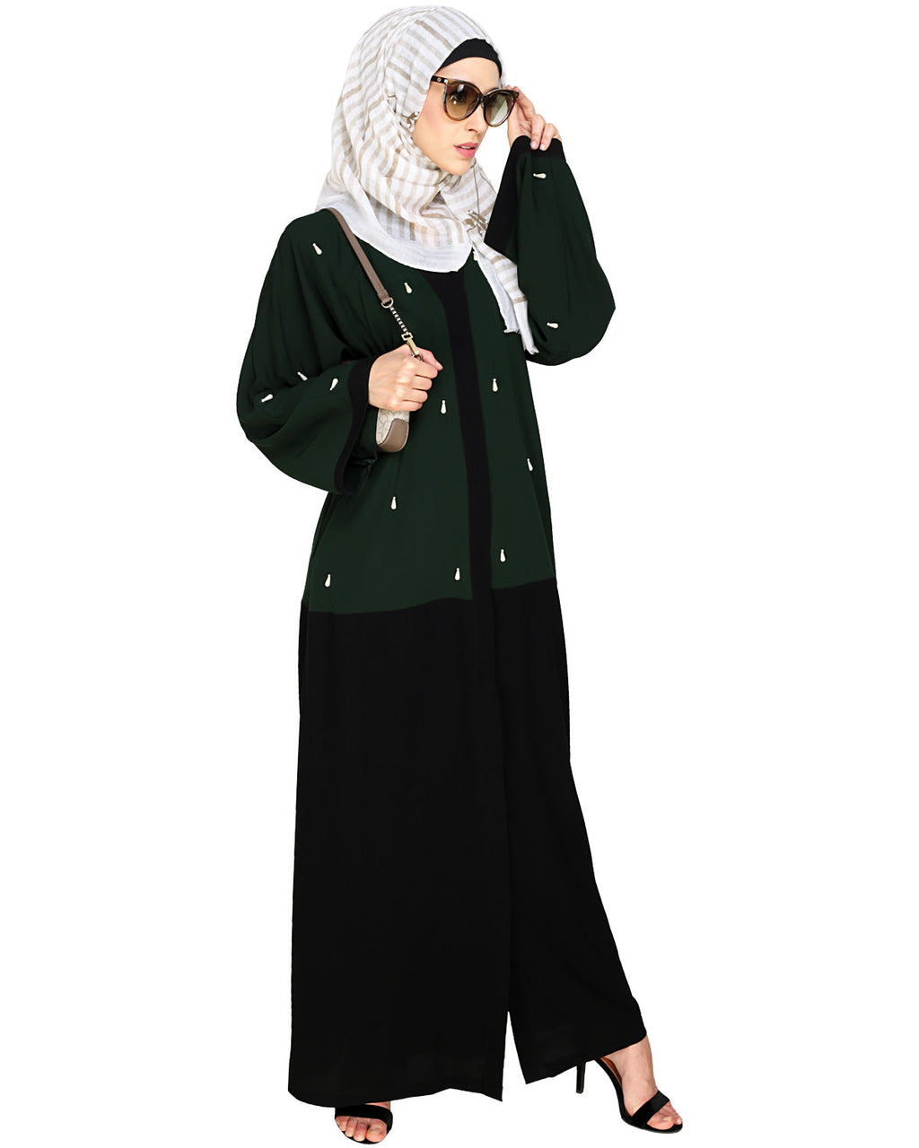 Pearl Delight Dubai Style Abaya Black & Green