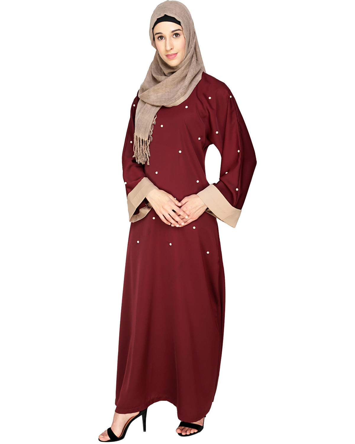 Pearl Delight Dubai Style Abaya Black & Wine