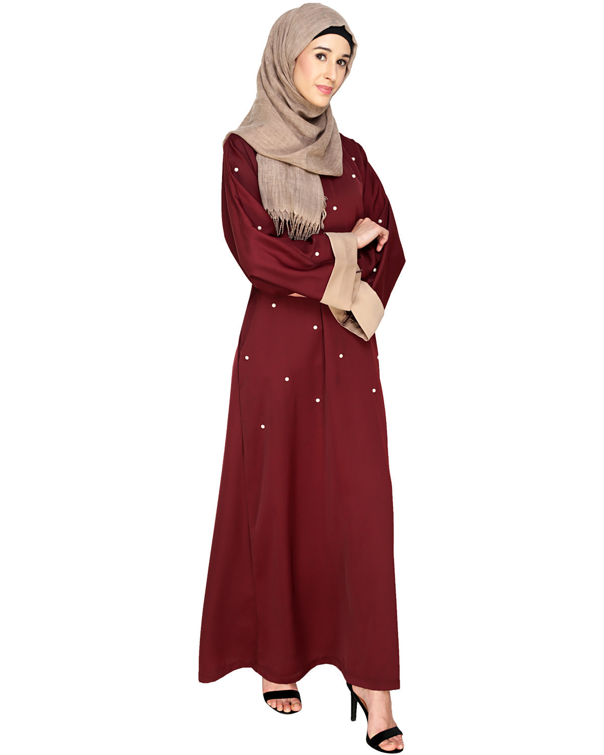 Pearl Delight Dubai Style Abaya Black & Wine