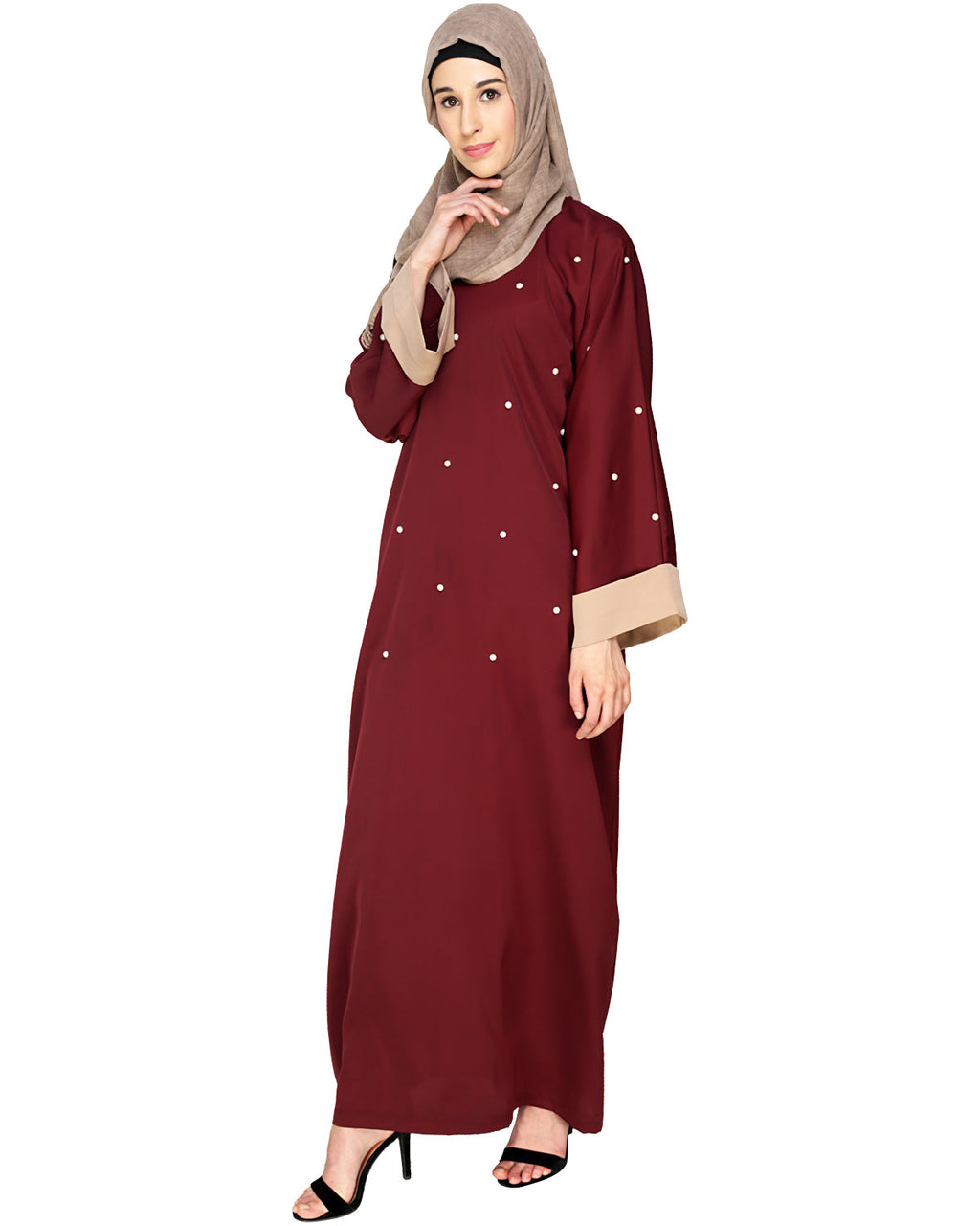 Pearl Delight Dubai Style Abaya Black & Wine