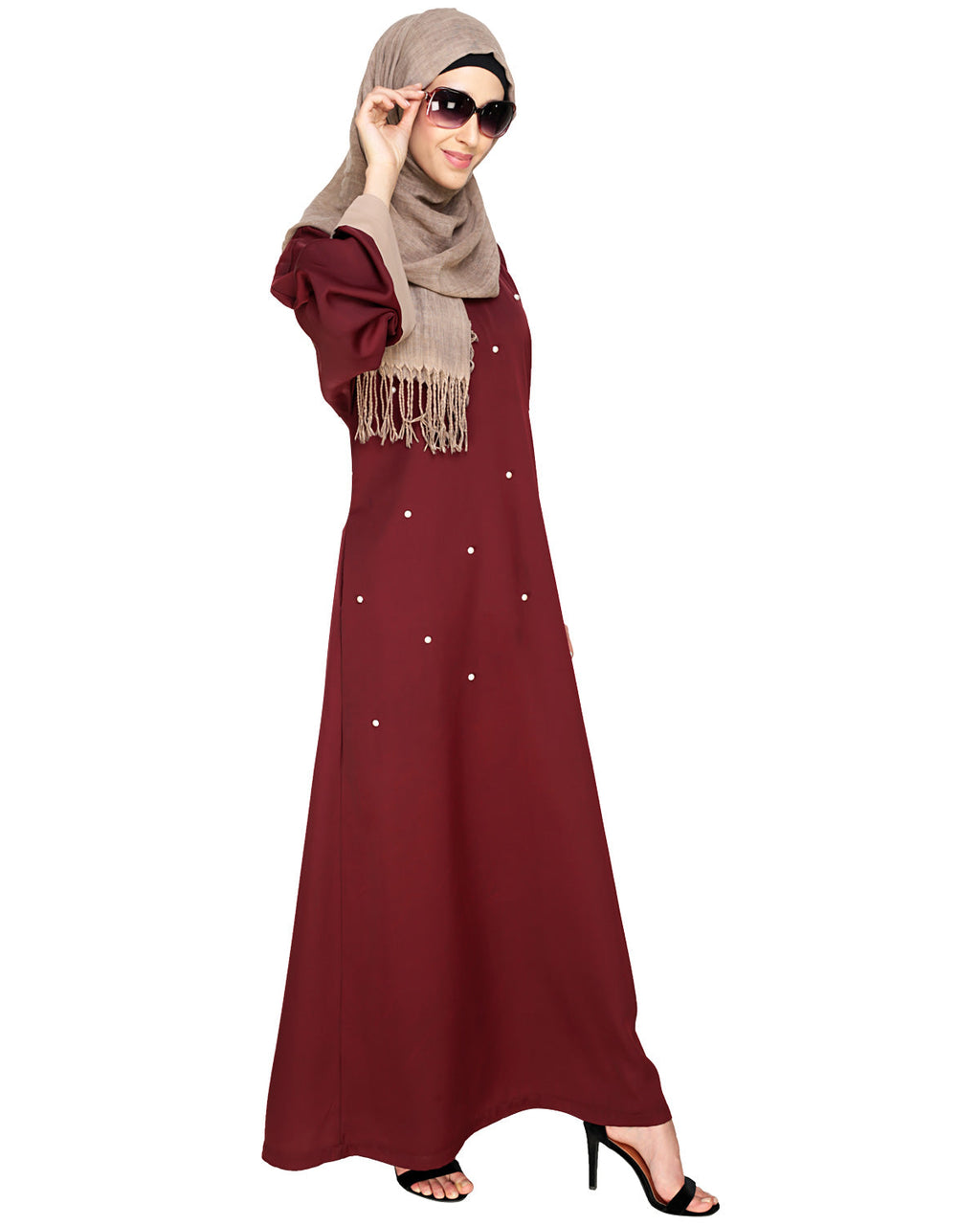 Pearl Delight Dubai Style Abaya Black & Wine