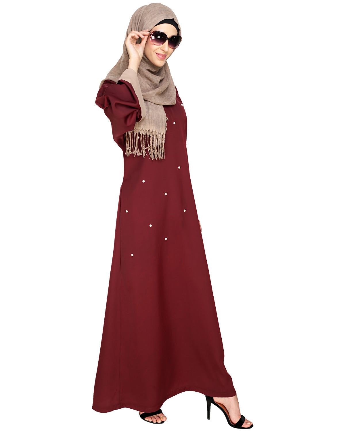 Pearl Delight Dubai Style Abaya Black & Wine