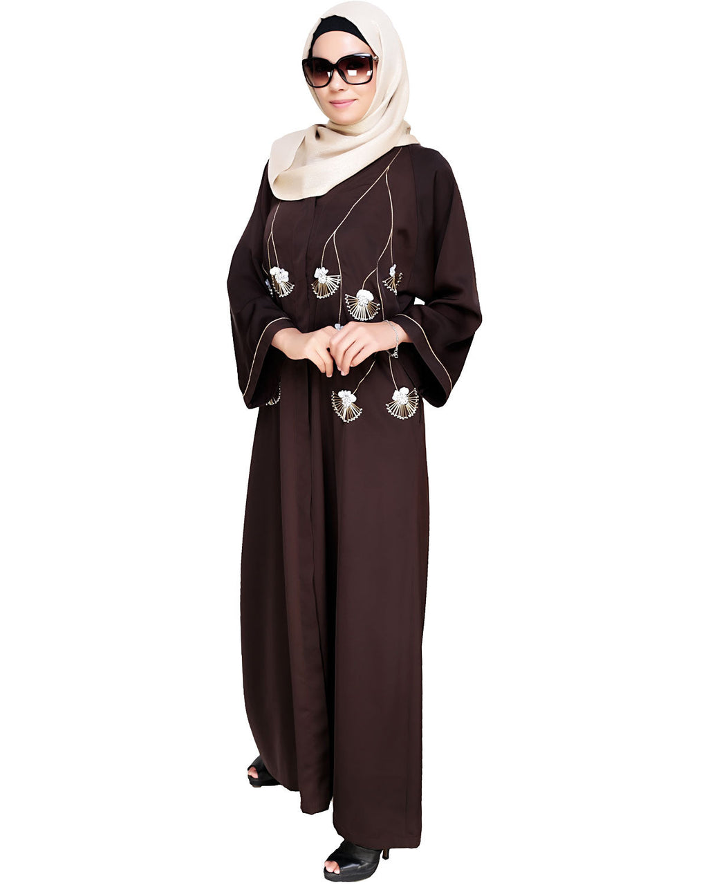 Hanging Tulip Embroidered Dubai Style Abaya Brown