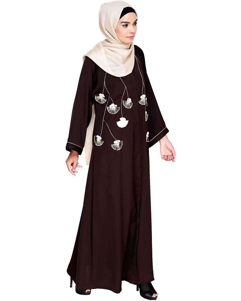 Hanging Tulip Embroidered Dubai Style Abaya Brown