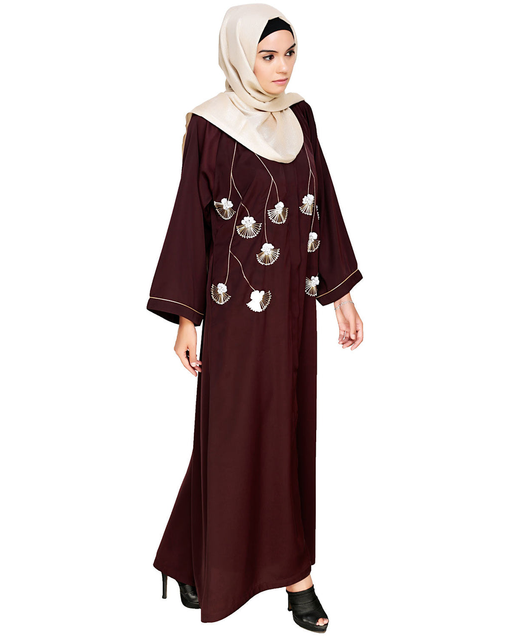 Hanging Tulip Embroidered Dubai Style Abaya Brown