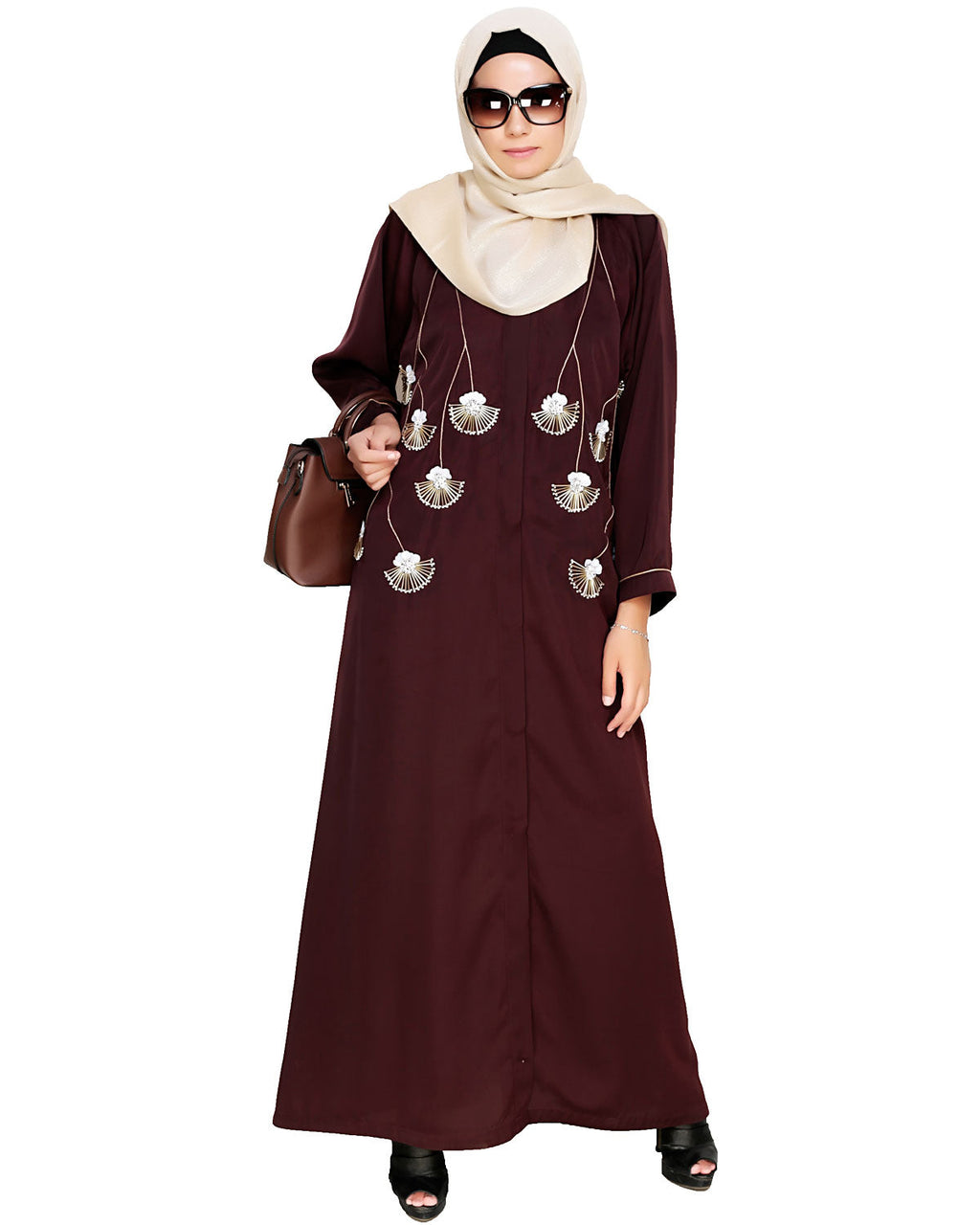 Hanging Tulip Embroidered Dubai Style Abaya Brown