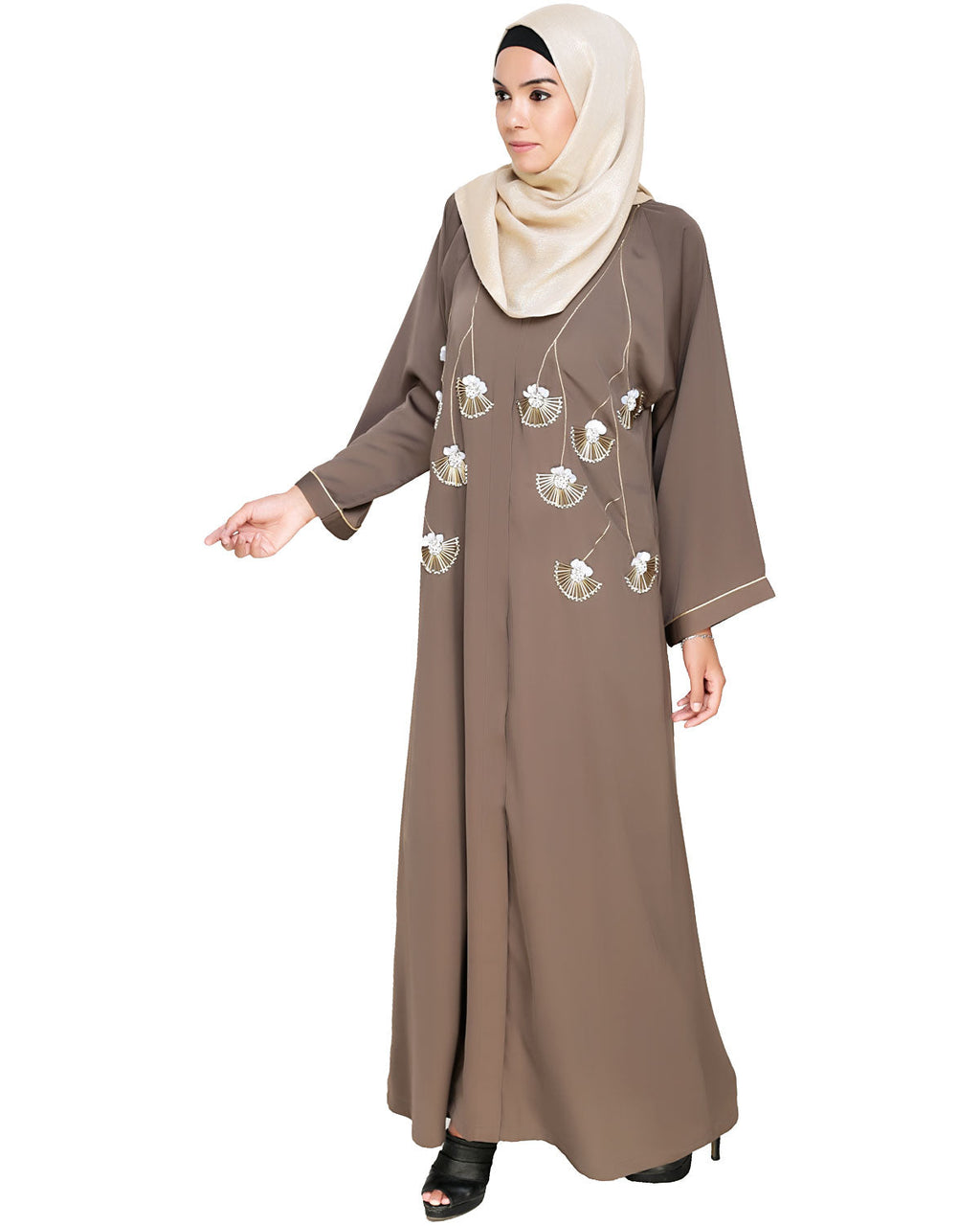 Hanging Tulip Embroidered Dubai Style Abaya Oak Brown
