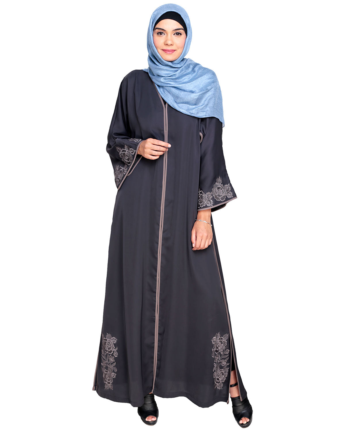 Bewitching Floral Dubai Style Embroidered Abaya Grey