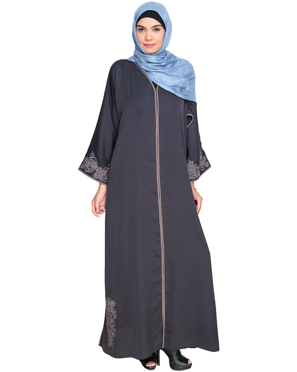Bewitching Floral Dubai Style Embroidered Abaya Grey