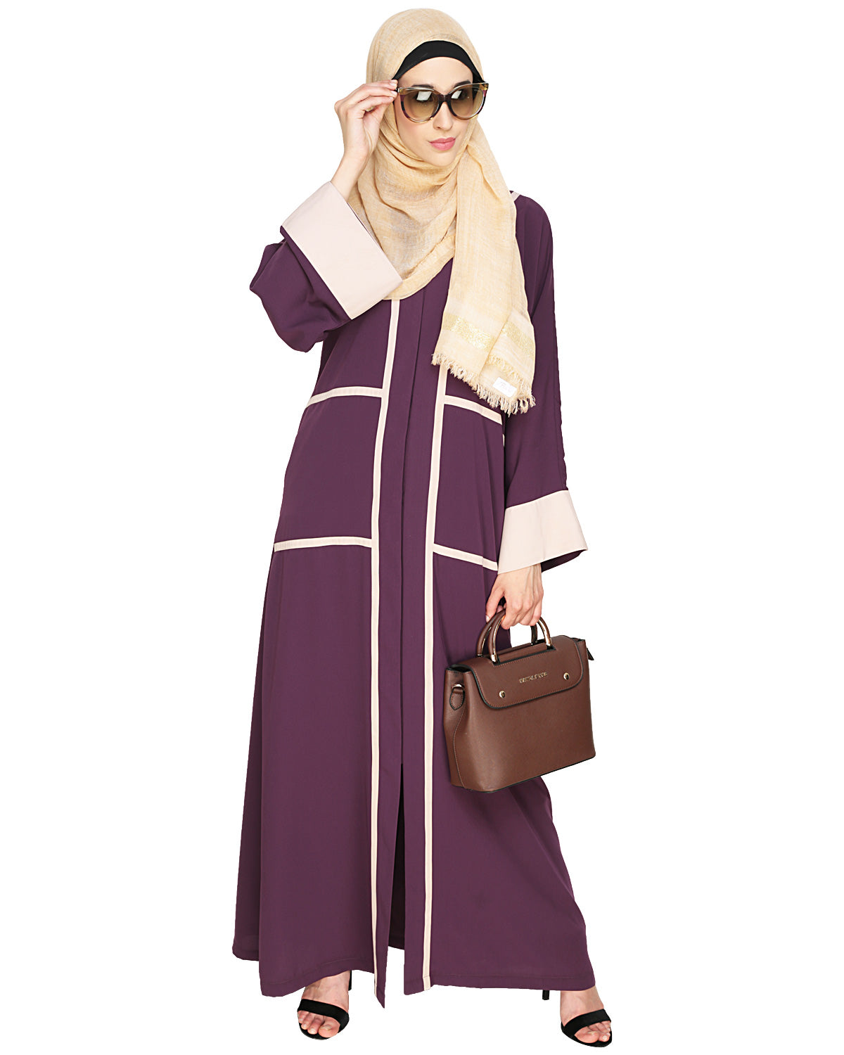 Elegant Black Dubai Style Abaya with Detailing Purple