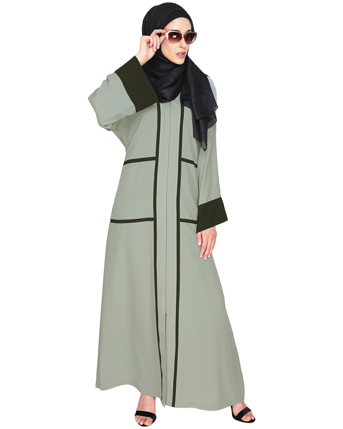 Elegant Black Dubai Style Abaya with Detailing Sage Green