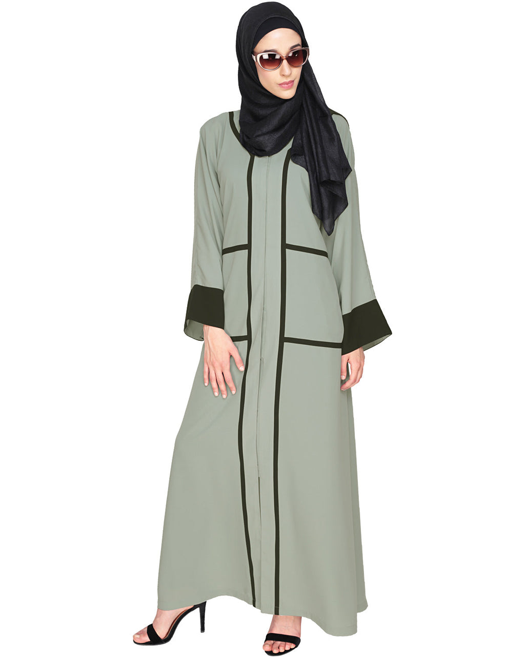 Elegant Black Dubai Style Abaya with Detailing Sage Green