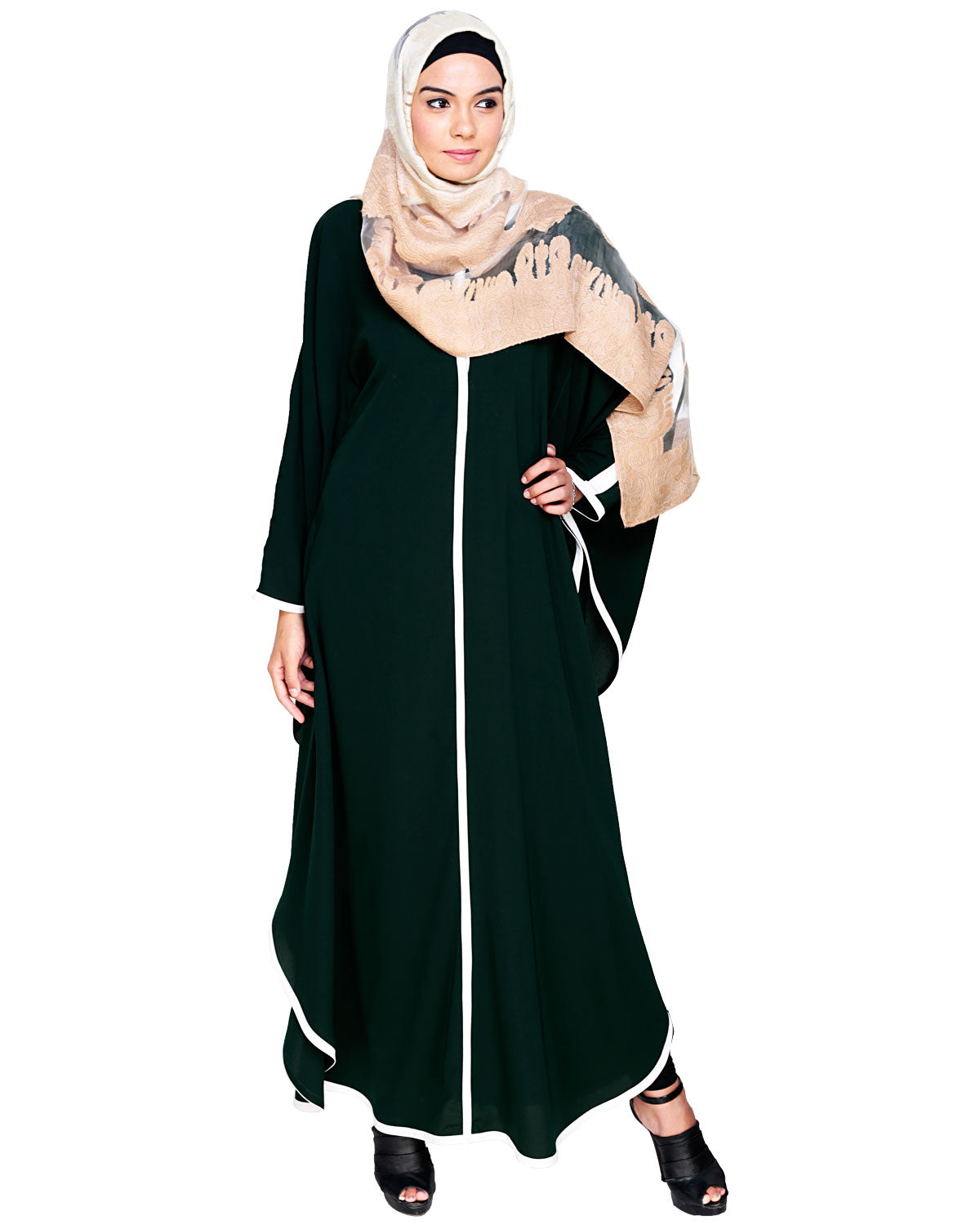 Modish Black Kaftan with White Detailing Green