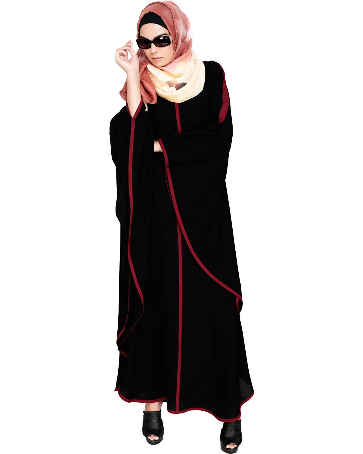 Modish Black Kaftan with White Detailing Black & Wine