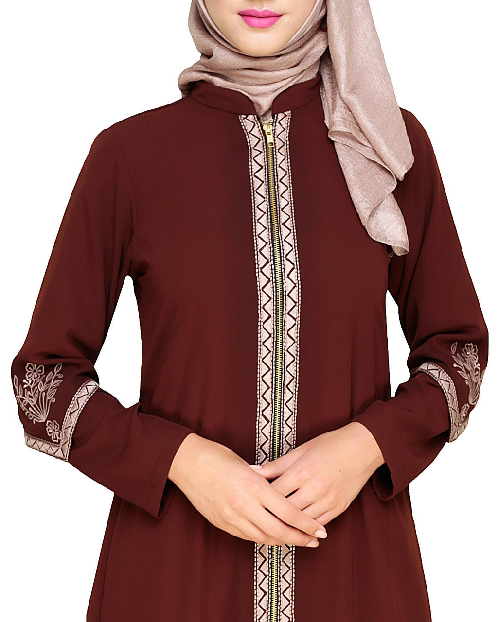 Bygone Front Zipper Abaya Brown