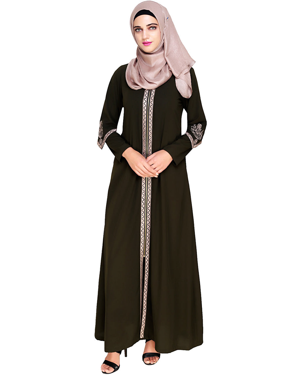Bygone Front Zipper Abaya Olive