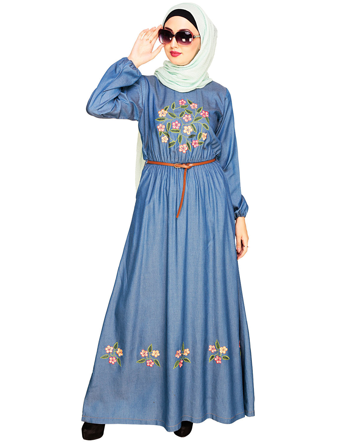 Plush Embroidered Maxi Dress Abaya Blue