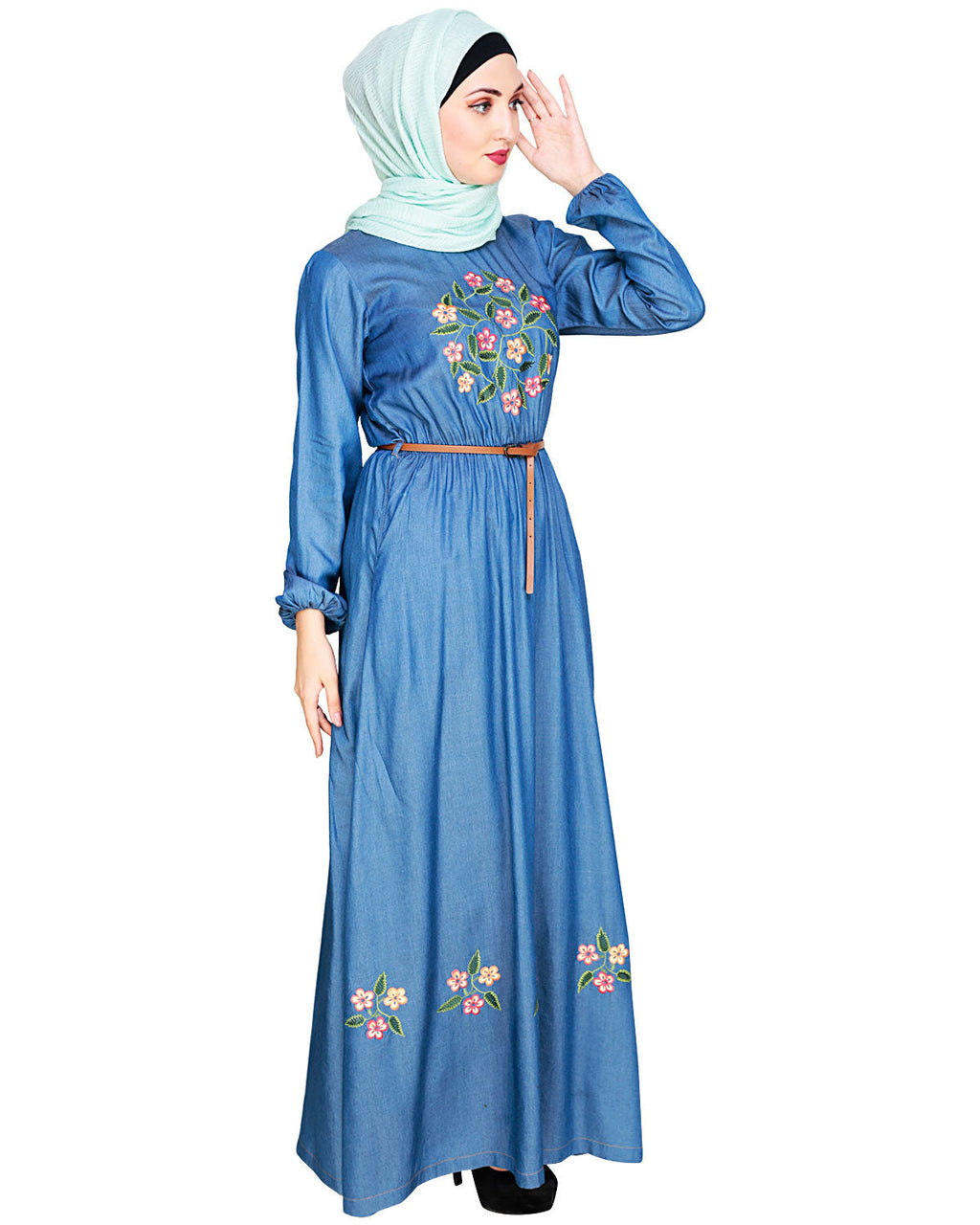 Plush Embroidered Maxi Dress Abaya Blue
