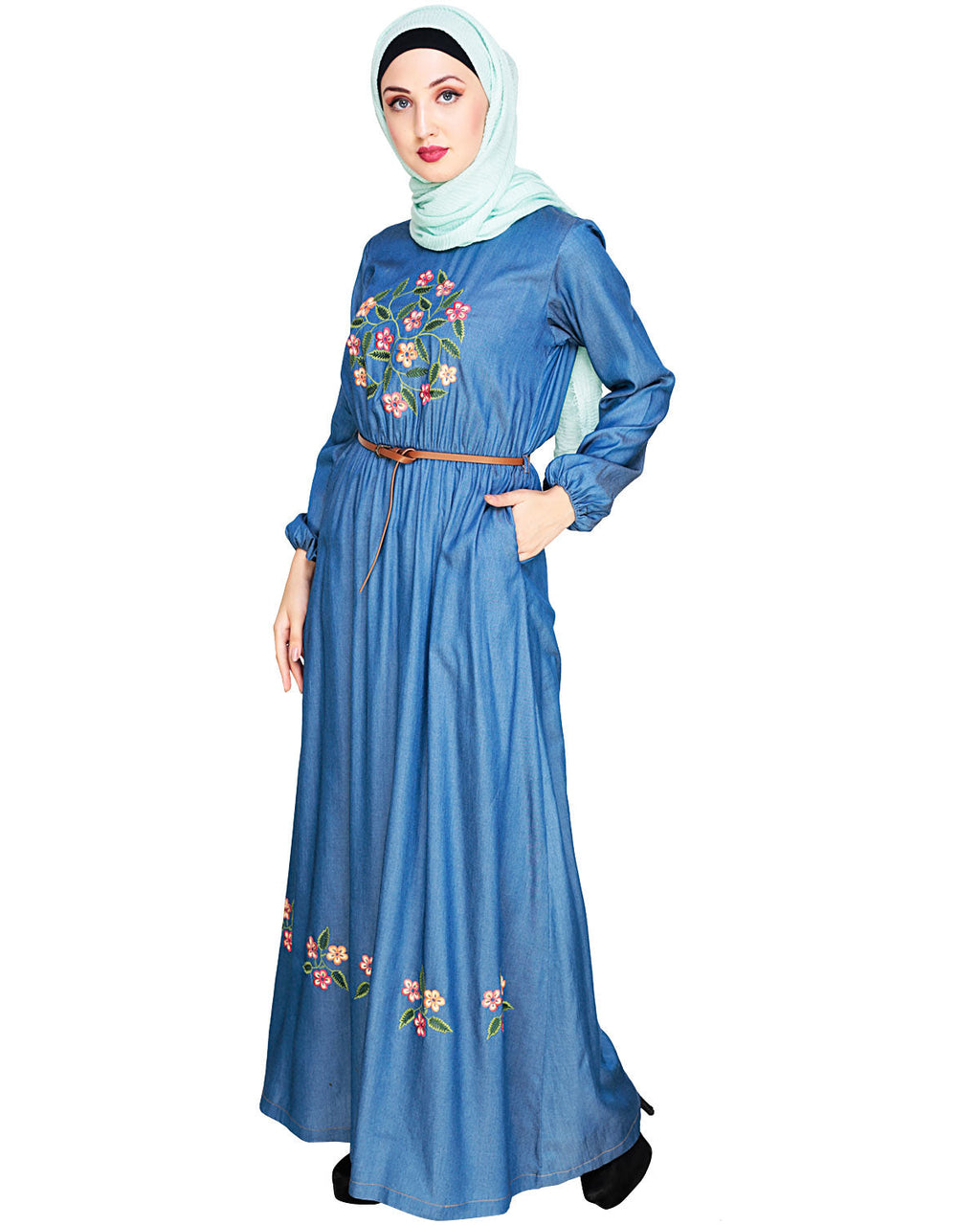 Plush Embroidered Maxi Dress Abaya Blue