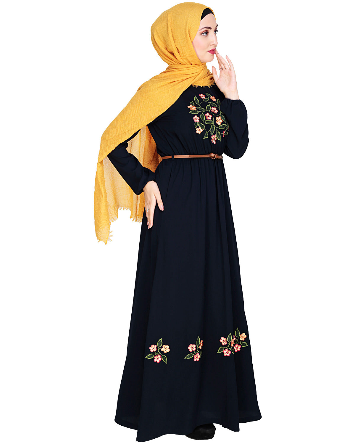 Plush Embroidered Maxi Dress Abaya Dark Blue