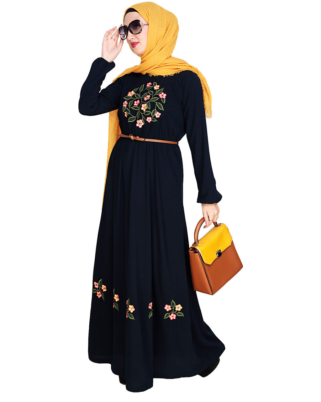 Plush Embroidered Maxi Dress Abaya Dark Blue