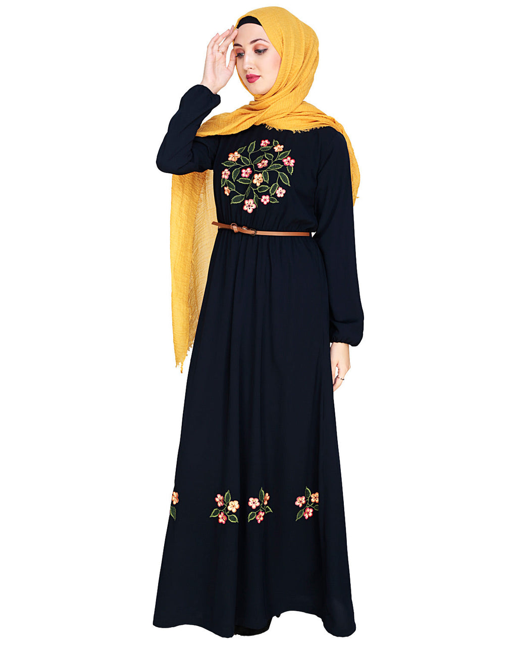 Plush Embroidered Maxi Dress Abaya Dark Blue