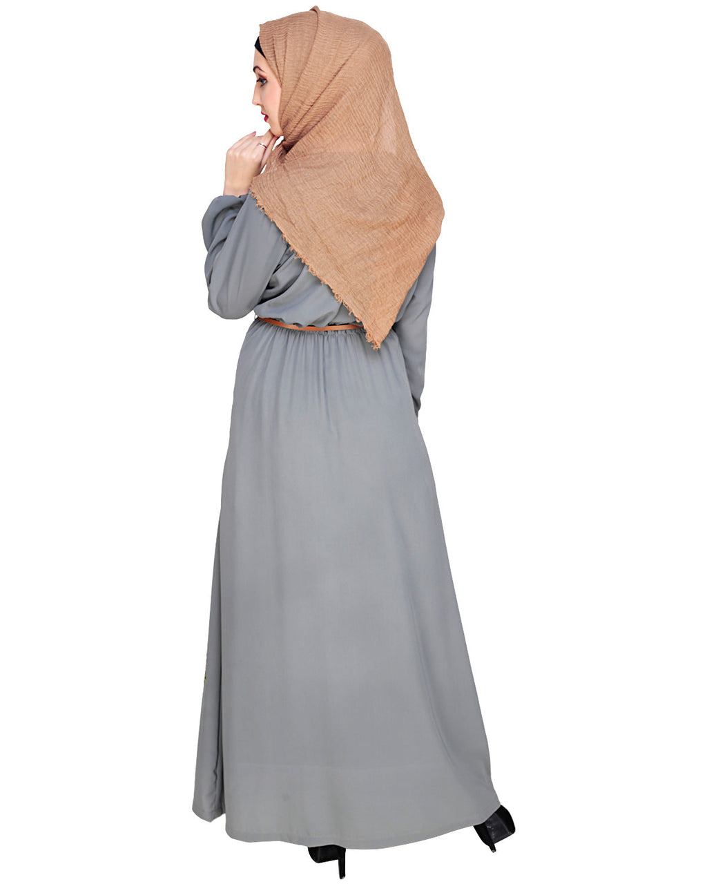 Plush Embroidered Maxi Dress Abaya Grey