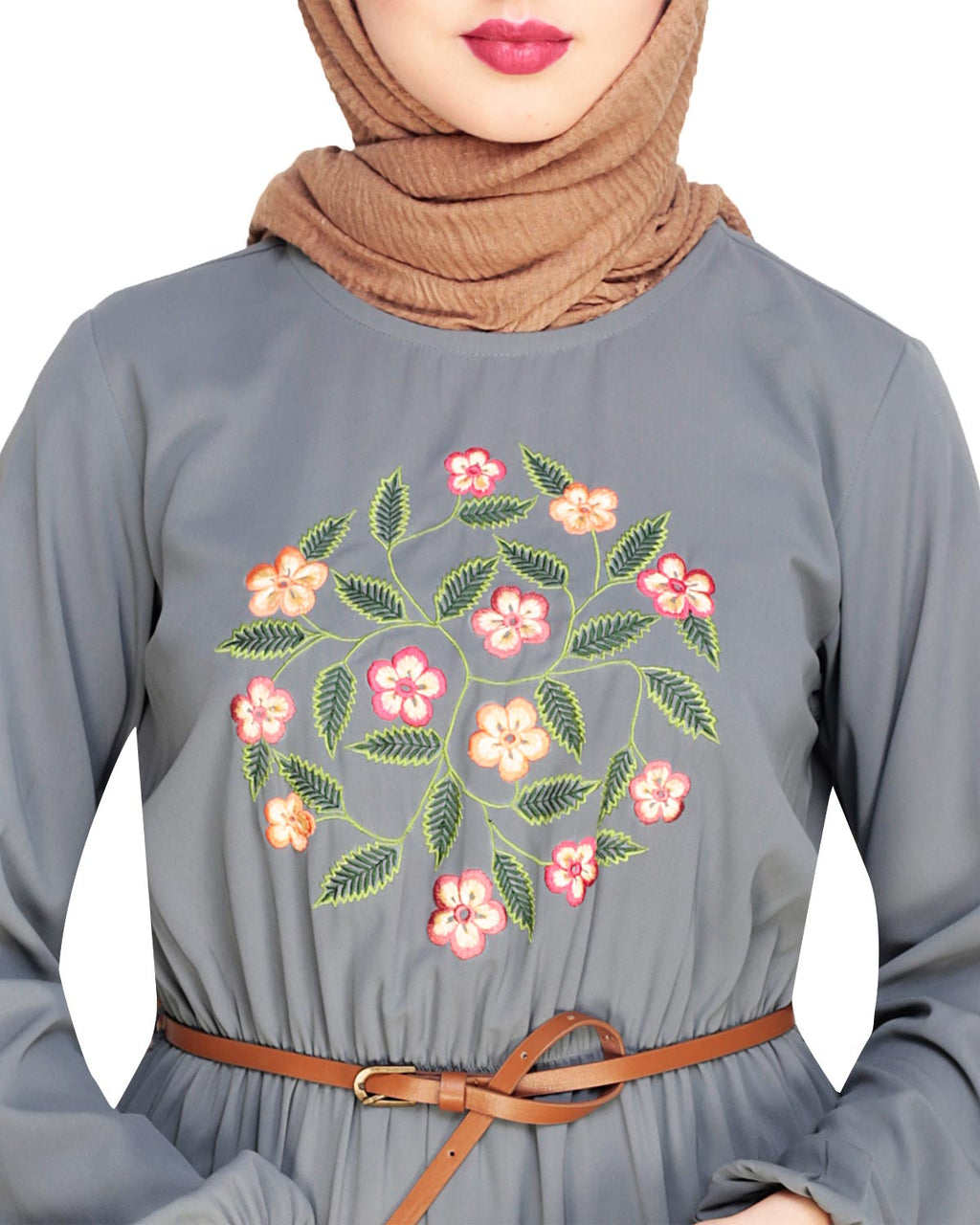 Plush Embroidered Maxi Dress Abaya Grey