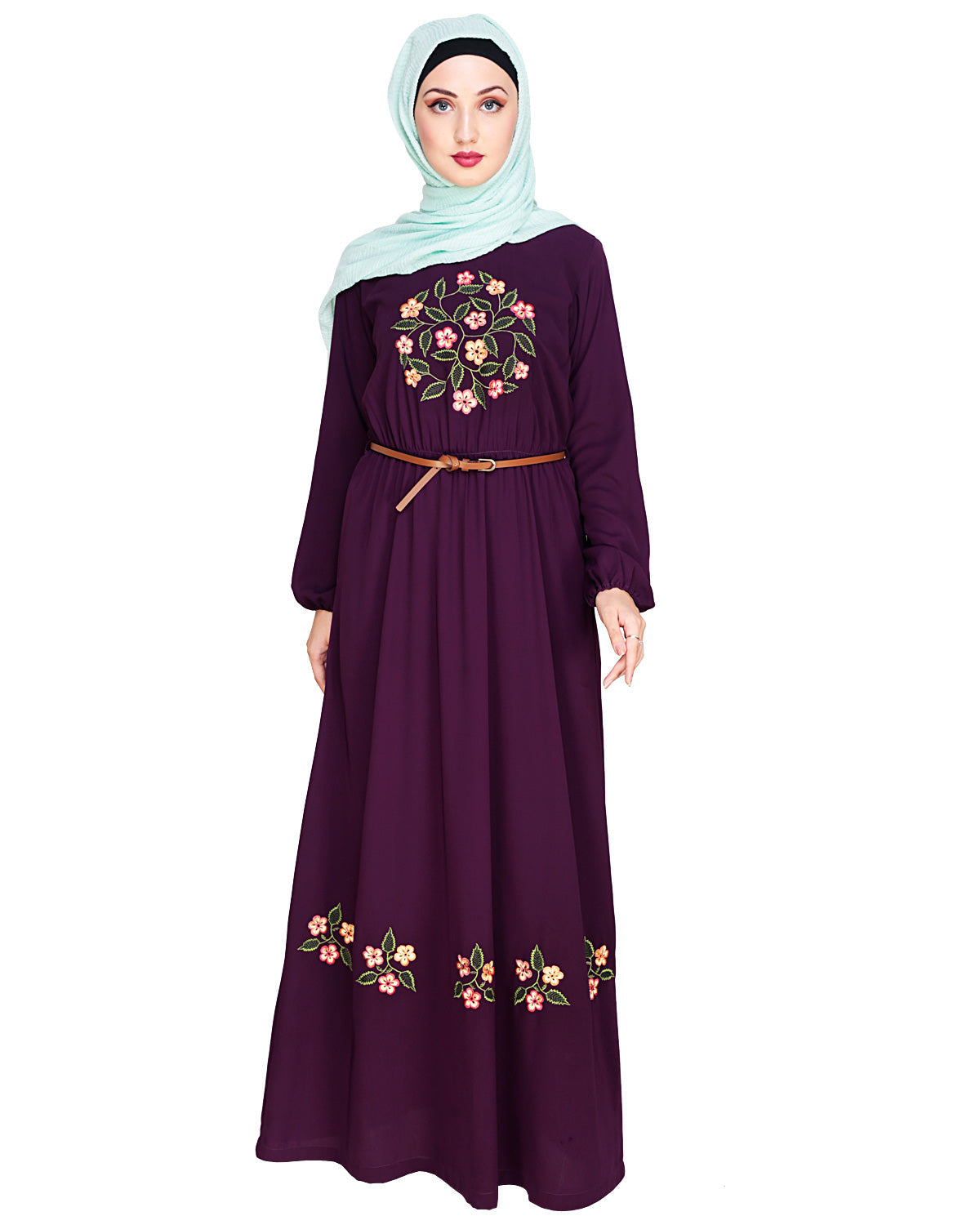 Plush Embroidered Maxi Dress Abaya Purple