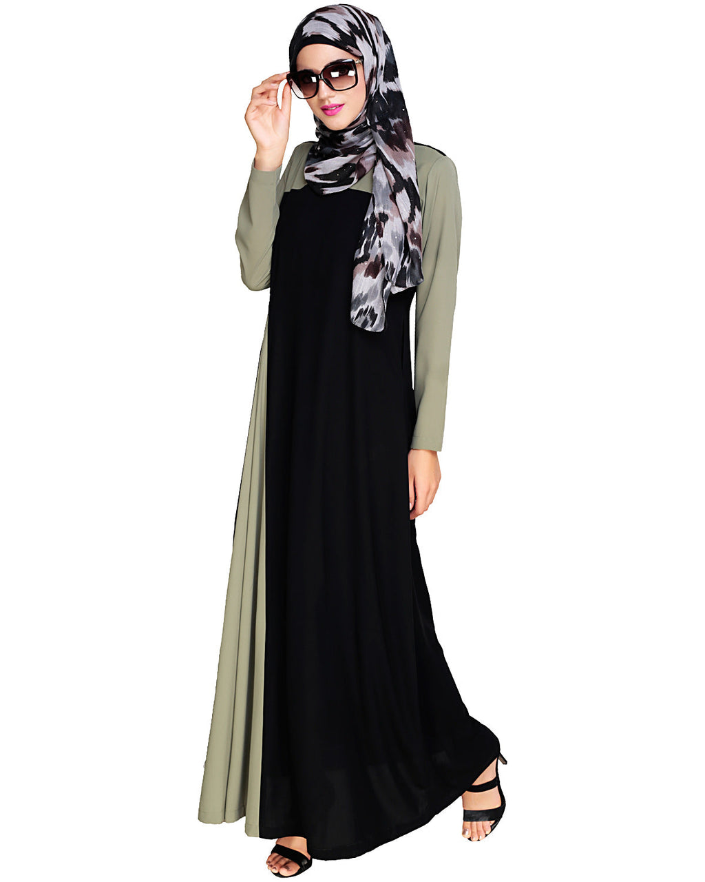 Accordion Side Pleated Abaya Olive Black