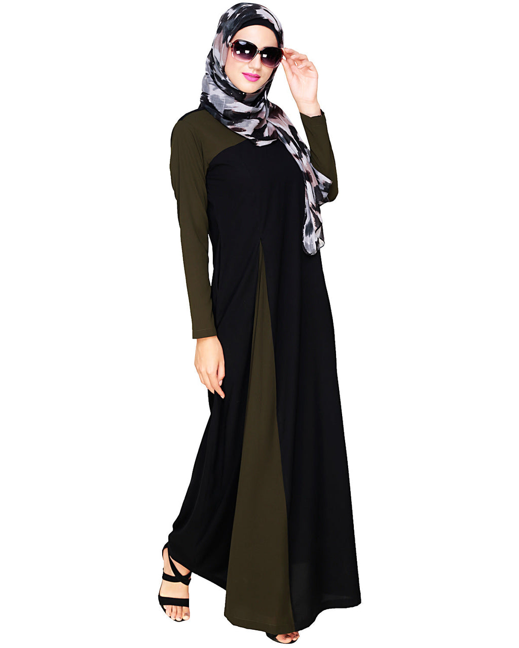 Accordion Side Pleated Abaya Olive Black
