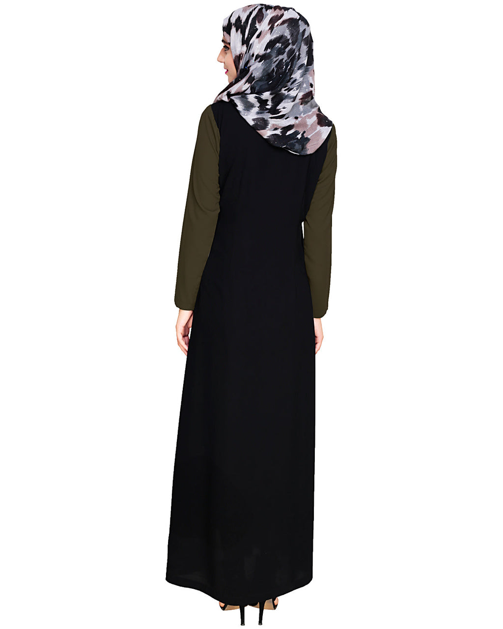 Accordion Side Pleated Abaya Olive Black