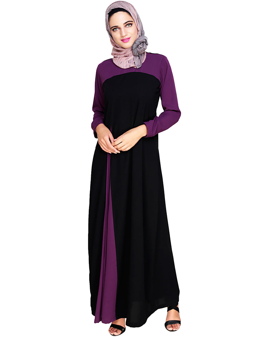 Accordion Side Pleated Abaya Purple & Black