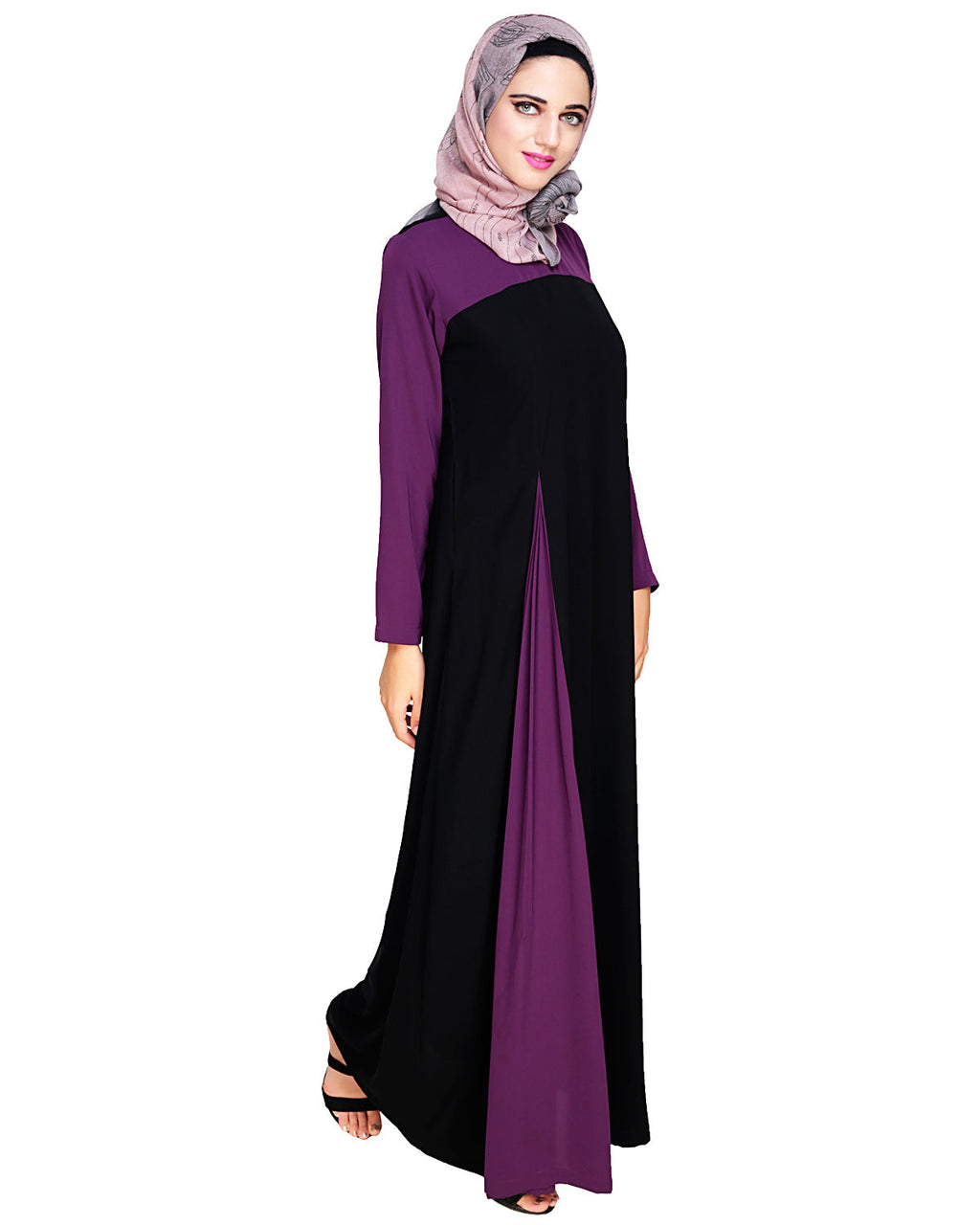 Accordion Side Pleated Abaya Purple & Black
