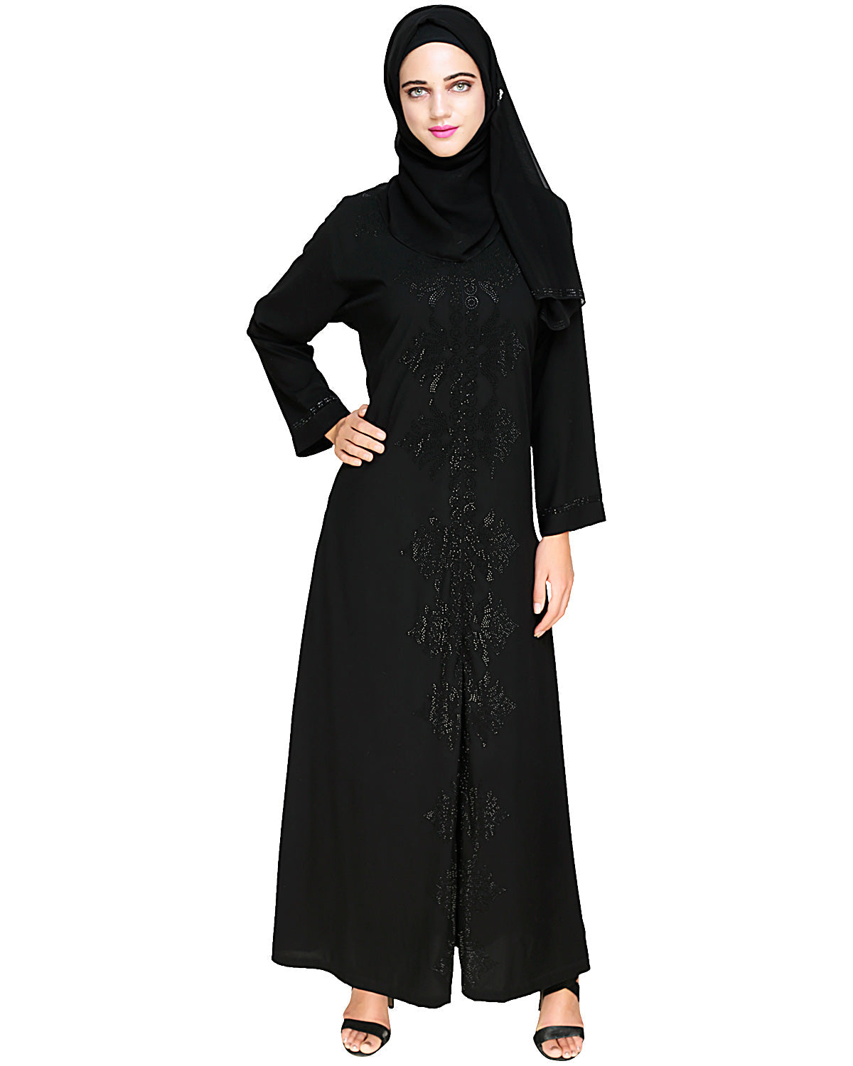 Exquisite Stone Work Stylish Black Dubai Style Abaya Black
