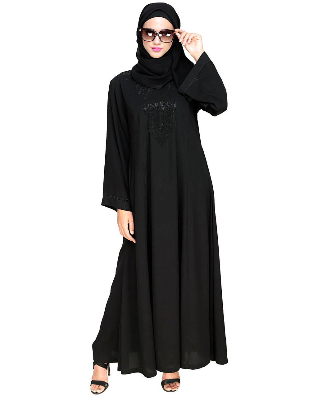 Exquisite Stone Work Designer Black Dubai Style Abaya Black