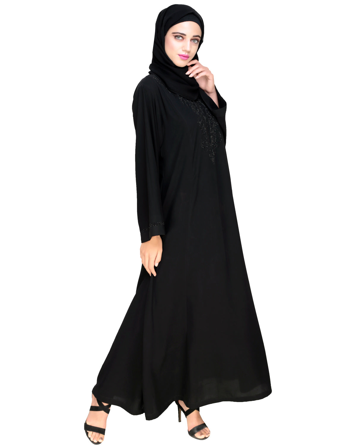 Exquisite Stone Work Designer Black Dubai Style Abaya Black