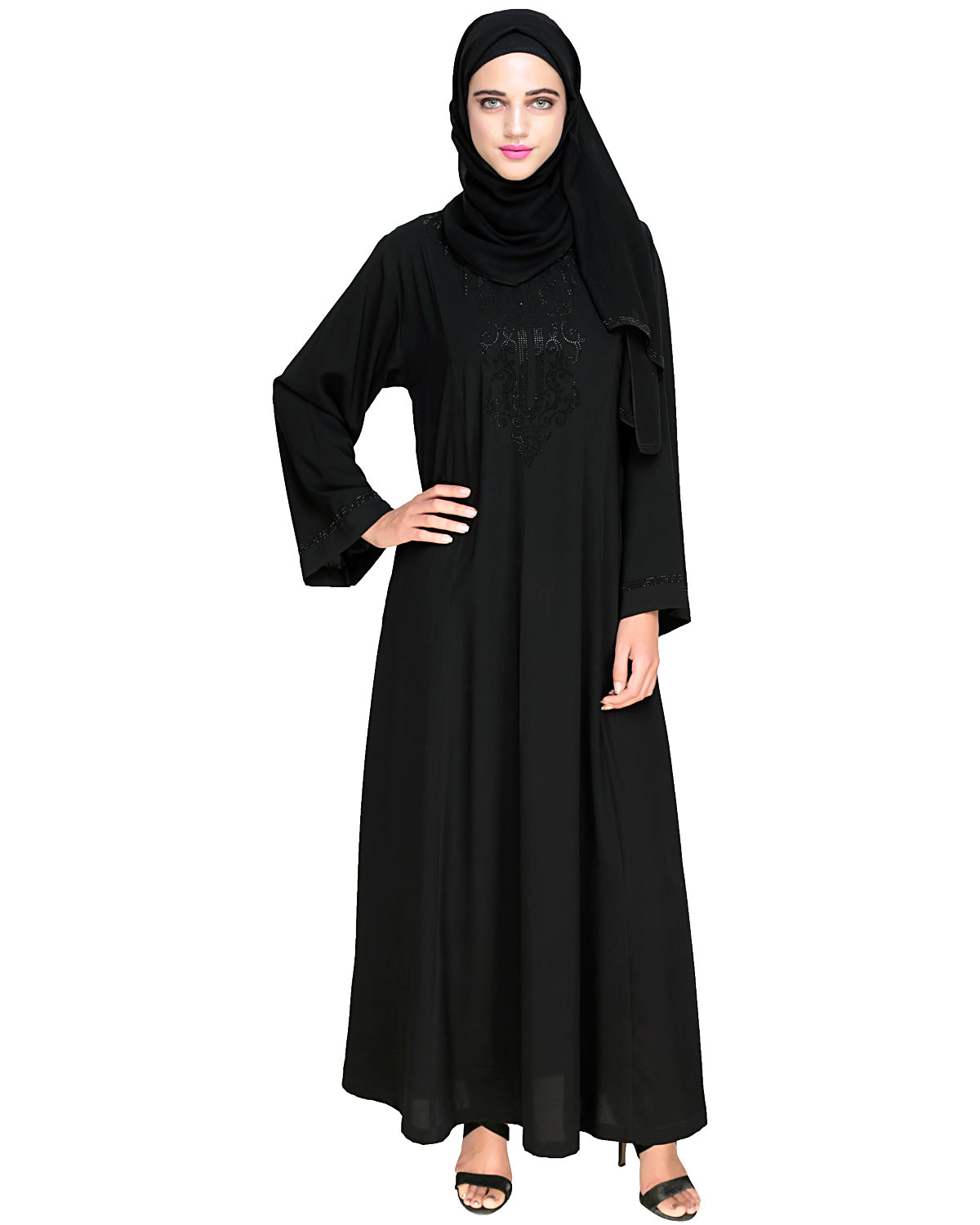 Exquisite Stone Work Designer Black Dubai Style Abaya Black
