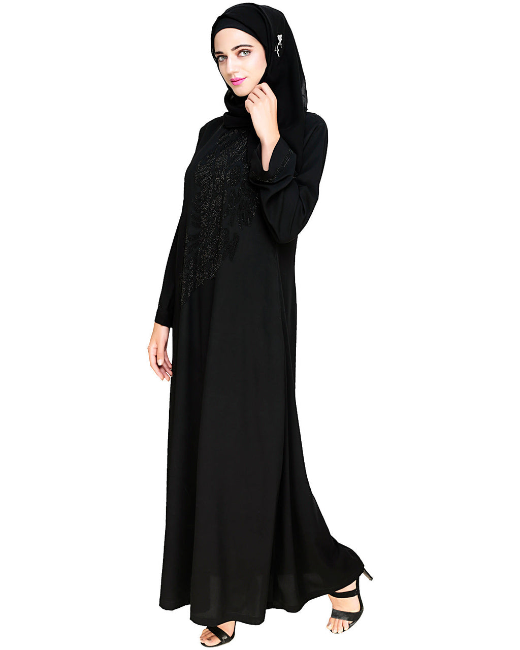 Exquisite Stone Work Sleek Black Dubai Style Abaya Black