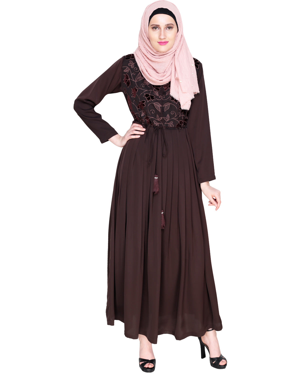 Sylvan Pleated Dubai Style Abaya Brown S