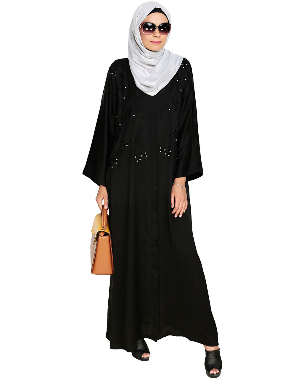 Pearl and Flora Embroidered Dubai Style Abaya Black