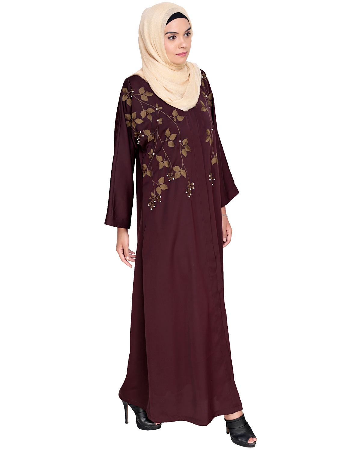 Pearl and Flora Embroidered Dubai Style Abaya Deep Wine