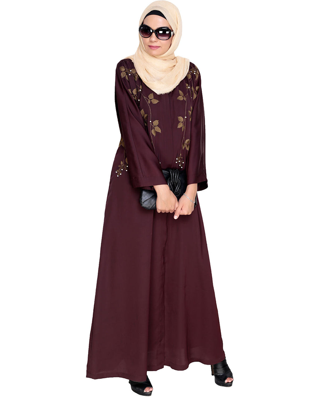 Pearl and Flora Embroidered Dubai Style Abaya Deep Wine