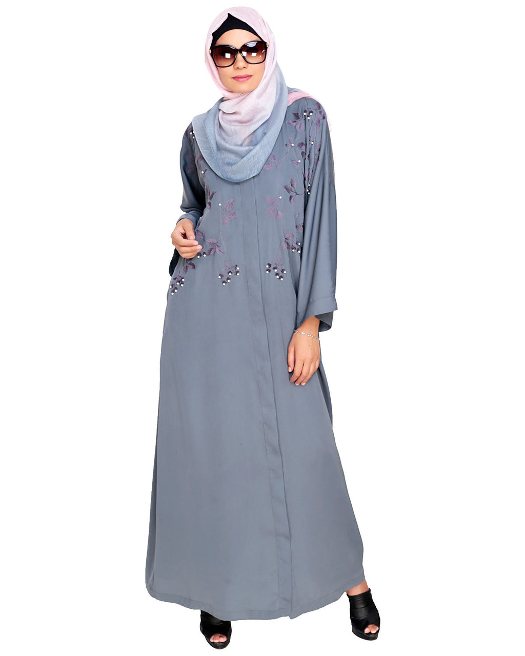 Pearl and Flora Embroidered Dubai Style Abaya Grey