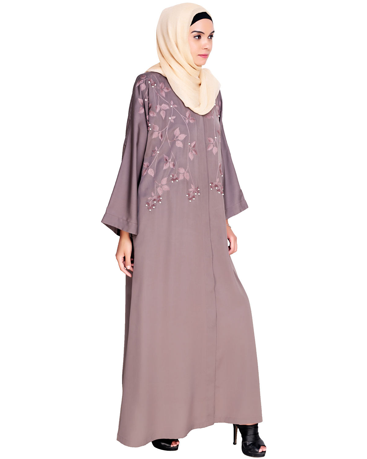 Pearl and Flora Embroidered Dubai Style Abaya Mud Brown